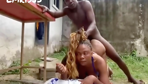 Ebony babe with big ass takes on a big cock outdoors