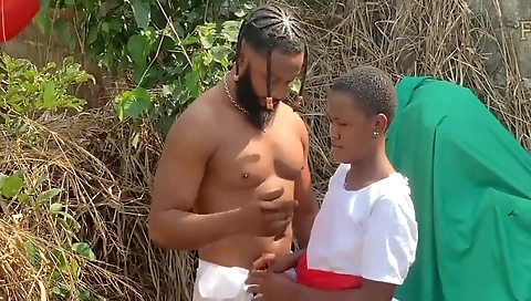 Ebony girl with a tattooed pussy enjoys fucking outdoors