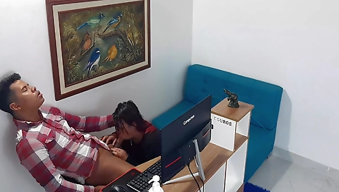 My beautiful ebony wife is sucking my cock in webcam