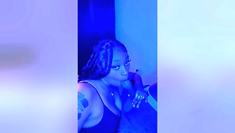 Busty ebony milf with a tattooed pussy deepthroats