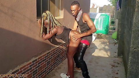 Ebony babe is ready to fuck anyone in the backyard