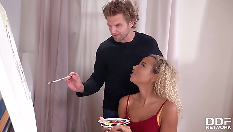 Blonde in black stockings gets deepthroat with a black dick