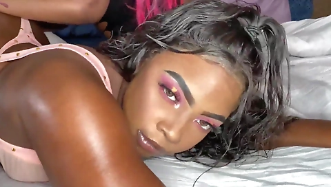 Ebony babe gets fucked by a black dude and a black stud