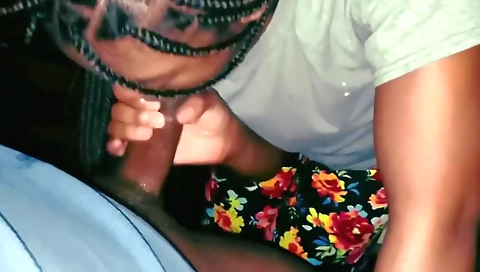 Ebony teen with a big cock sucks and strokes her pussy in pov