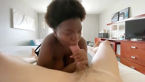 Black guy with a big cock gets a blowjob from a brunette girl