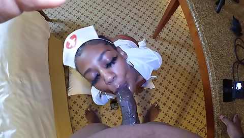 Ebony nurse with a small booty gets her pussy deepthroated