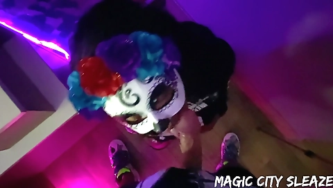 Ebony beauty in black hoodie is getting a hot handjob