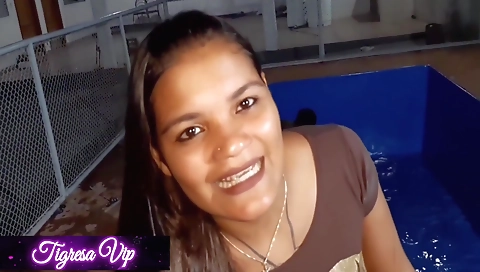 Ebony and brunette amateur brunette 18+ sex in the pool