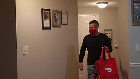 Ebony slut with long legs sucking on the guy's dick