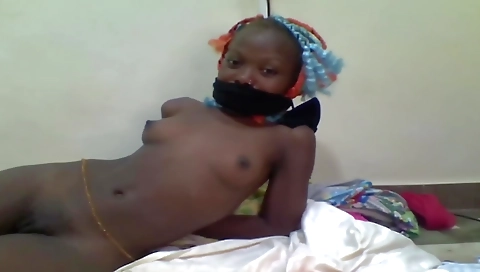 Slut in black lingerie is tied up and gagging on her mouth